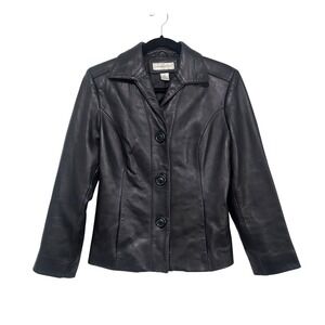 VTG Preston & York Lambskin Leather Womens S Black Button Front Jacket 90s Goth